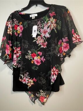 Christopher & Banks Black Floral Chiffon Overlay Top